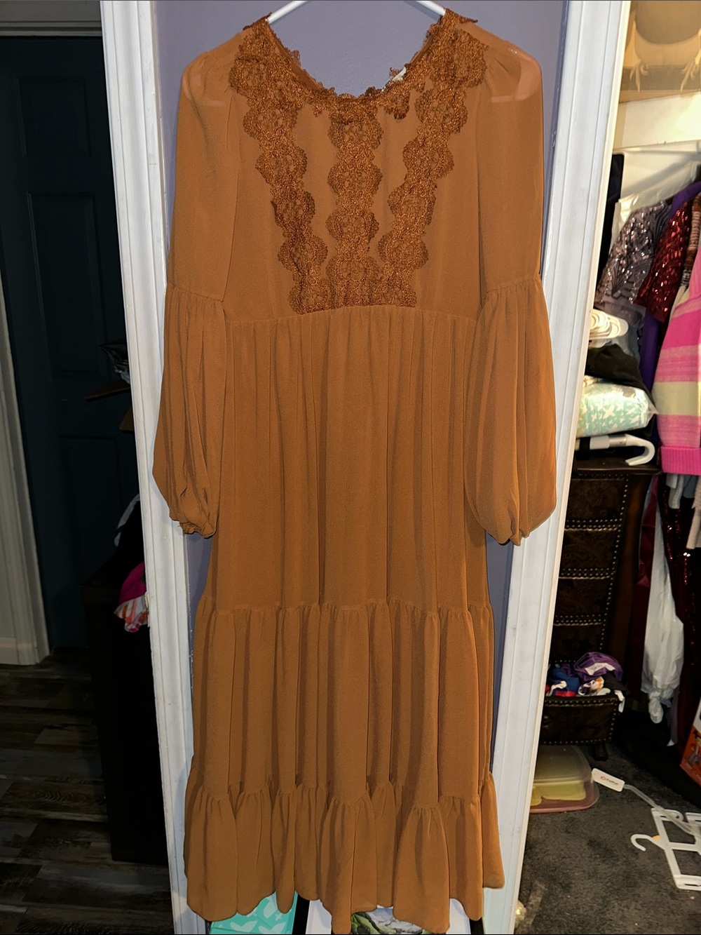 Women's Rust Tiered Maxi Dress with Lace Yoke